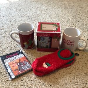 Holiday Mugs, coasters, and fuzzy socks bundle